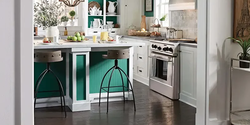 dark wood flooring kitchen with bold colors and darker wood flooring | The Floor Store